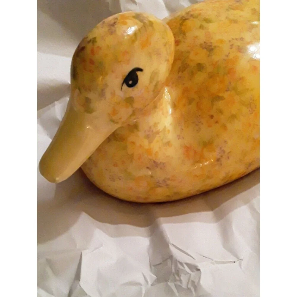 Vintage Decoupage Ceramic Yellow Duck with Flowers